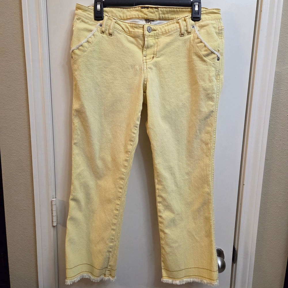 Blue Asphalt Womens Yellow Crop Flare Denim Jeans Frayed Hem Distressed Sz 13